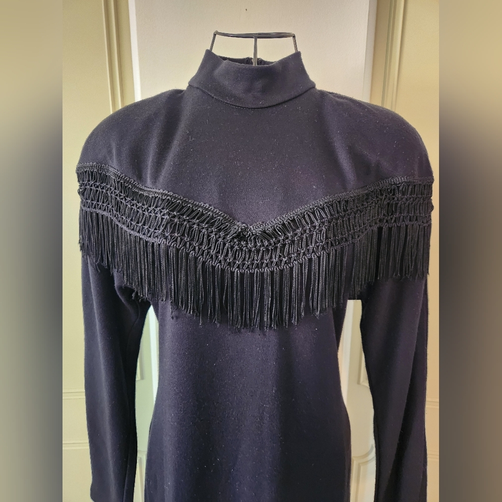 Vintage All That Jazz Black Fringe Long Sleeve Dress Size 8, Western, Cowgirl